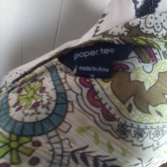 Paper Tee Blouse XL V-Neck Sheer Paisley Green Brown Blue - Picture 12 of 13